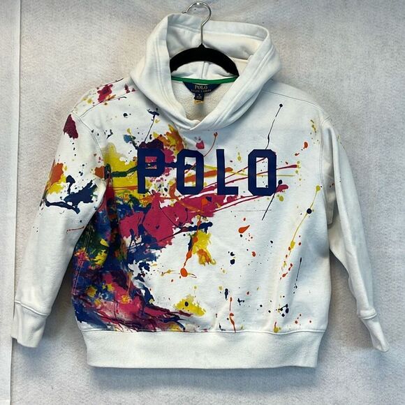POLO RALPH LAUREN Hoodie Girls Medium White Paint Splatter Print Fleece Pullover - Picture 2 of 12